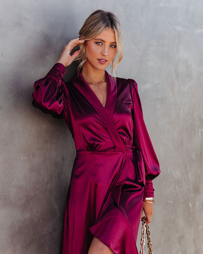 KittenAlarm - Anniversary Satin Wrap Midi Dress - Merlot - FINAL SALE