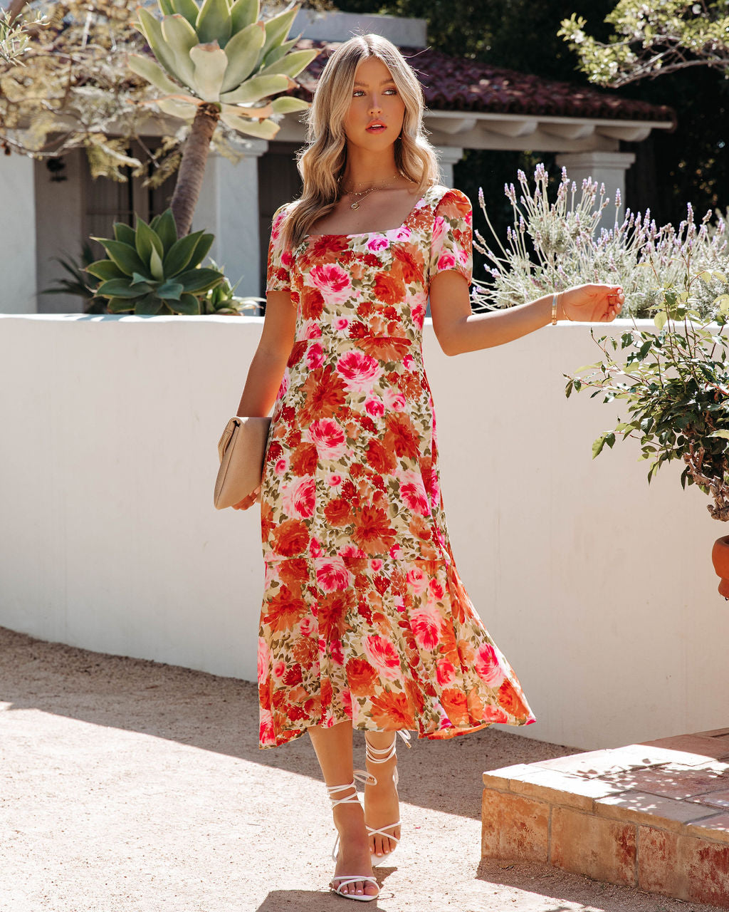 Aviana Floral Square Neck Midi Dress - Multi