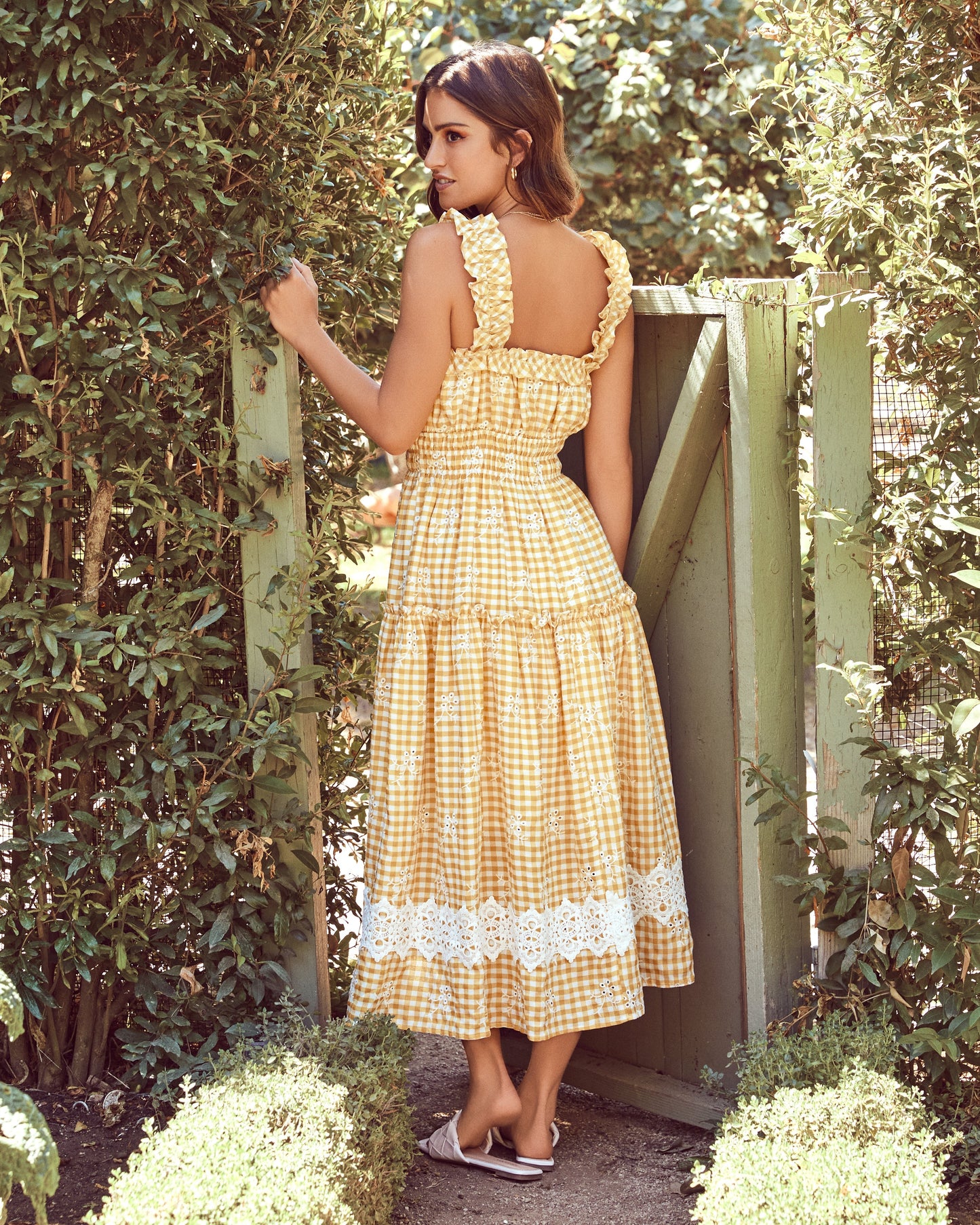 Bibi Eyelet Lace Gingham Midi Dress - Mustard - FINAL SALE