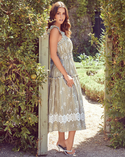 Bibi Eyelet Lace Gingham Midi Dress - Olive - FINAL SALE