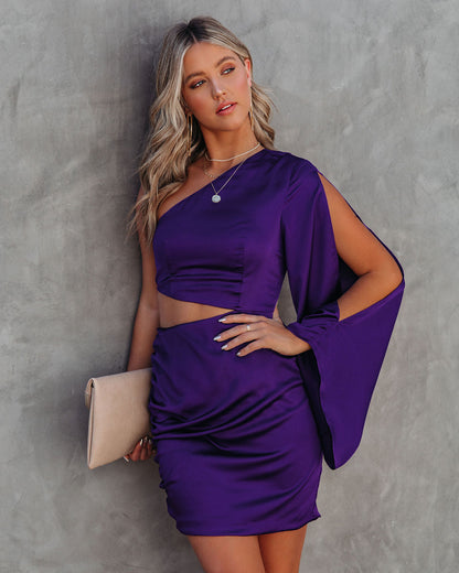 KittenAlarm - Caydan Satin One Shoulder Cutout Dress - Plum - FINAL SALE