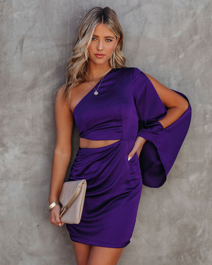 KittenAlarm - Caydan Satin One Shoulder Cutout Dress - Plum - FINAL SALE