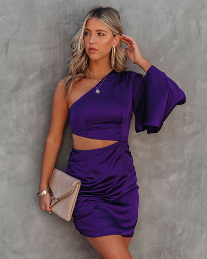 KittenAlarm - Caydan Satin One Shoulder Cutout Dress - Plum - FINAL SALE