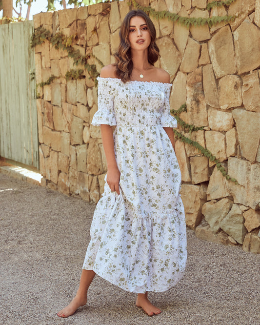 Dasha Cotton Floral Off The Shoulder Maxi Dress - Sage - FINAL SALE