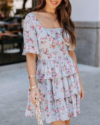 Brianna Floral Ruffle Tiered Dress - Light Blue