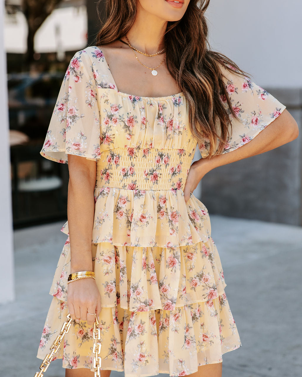 Brianna Floral Ruffle Tiered Dress - Yellow