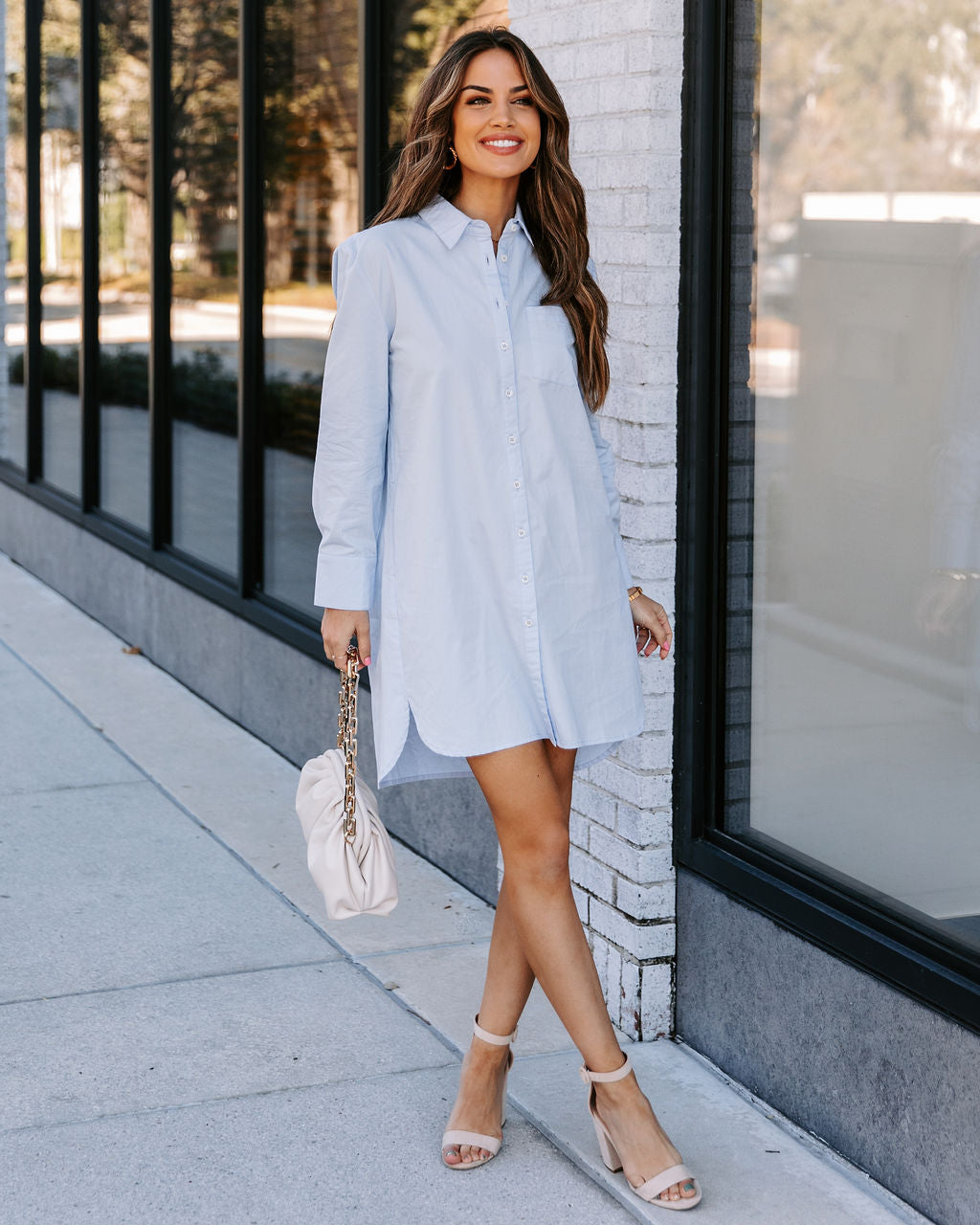 Risky Business Pocketed Button Down Shirt Dress - Sky Blue