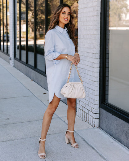 Risky Business Pocketed Button Down Shirt Dress - Sky Blue