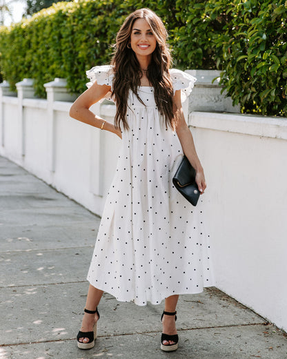 Edith Cotton Pocketed Polka Dot Midi Dress - White