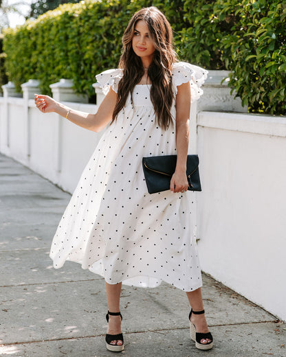 Edith Cotton Pocketed Polka Dot Midi Dress - White