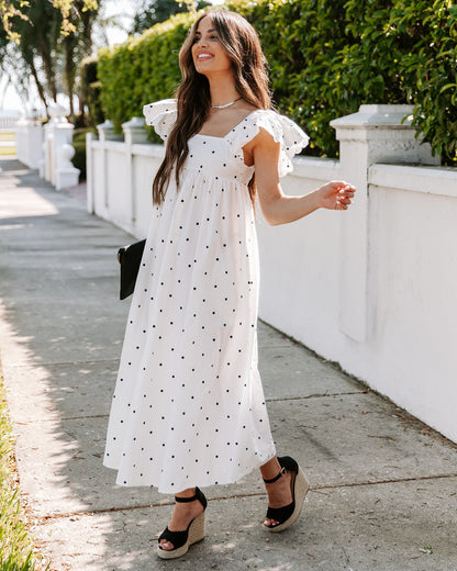 Edith Cotton Pocketed Polka Dot Midi Dress - White