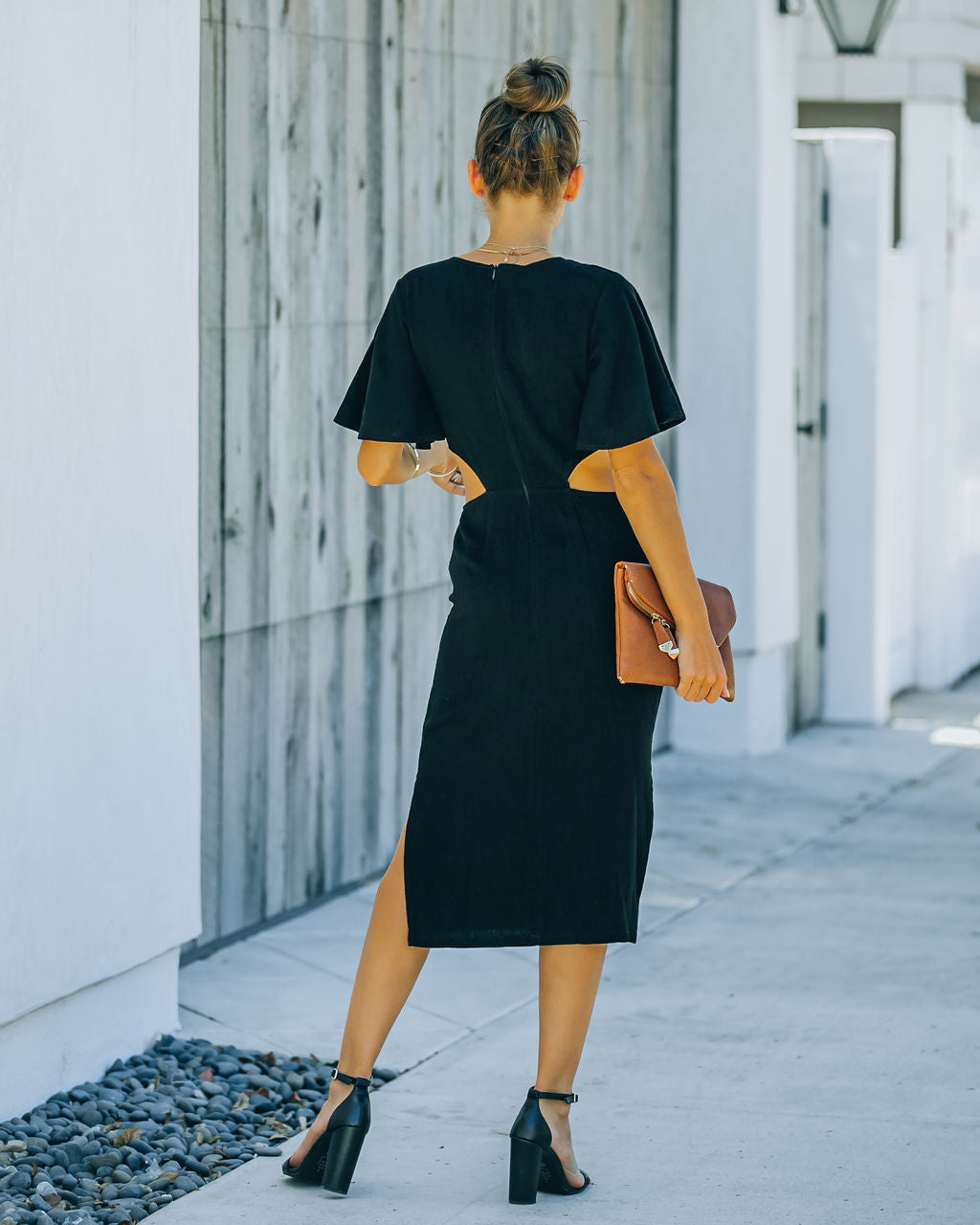 Jenner Linen Blend Tie Front Cutout Midi Dress - Black - FINAL SALE