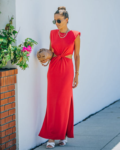 Sweet Escape Cutout Twist Knit Maxi Dress - Red