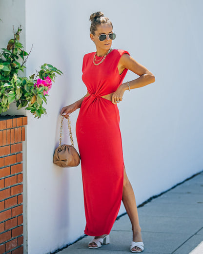 Sweet Escape Cutout Twist Knit Maxi Dress - Red