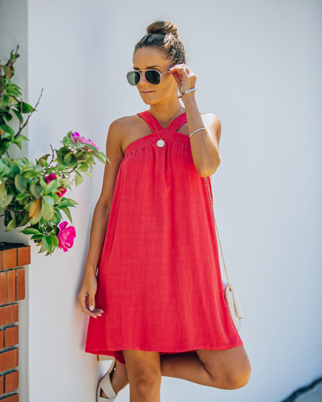 Hot Fun Linen Blend Halter Dress - Hot Pink