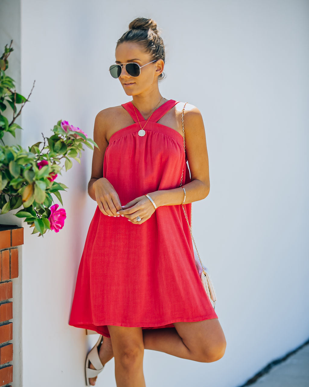 Hot Fun Linen Blend Halter Dress - Hot Pink