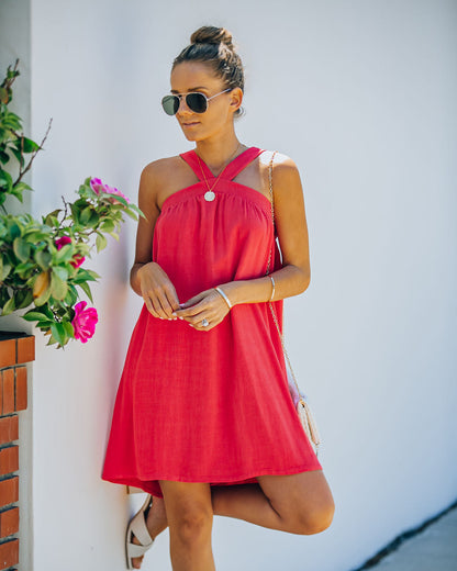 Hot Fun Linen Blend Halter Dress - Hot Pink