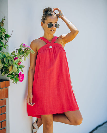 Hot Fun Linen Blend Halter Dress - Hot Pink