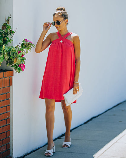 Hot Fun Linen Blend Halter Dress - Hot Pink