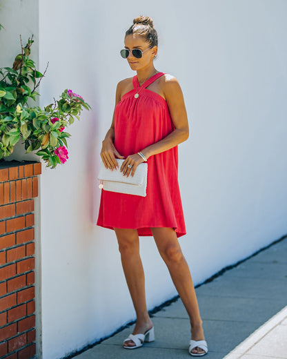 Hot Fun Linen Blend Halter Dress - Hot Pink