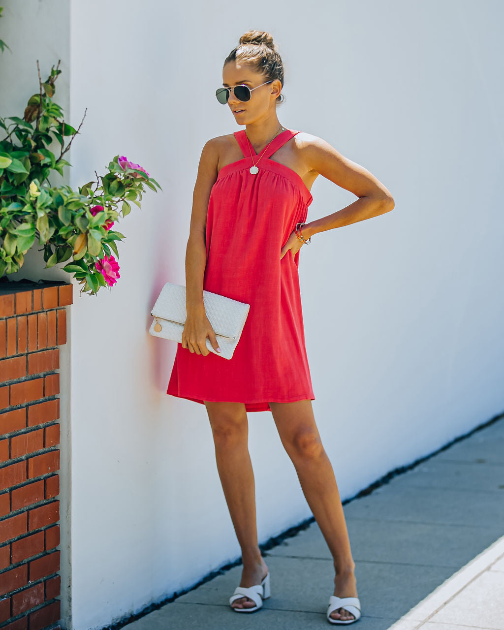 Hot Fun Linen Blend Halter Dress - Hot Pink