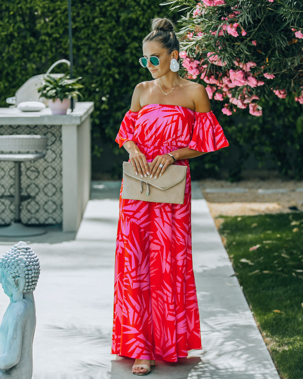 Royal Villa Palm Print Off The Shoulder Maxi Dress