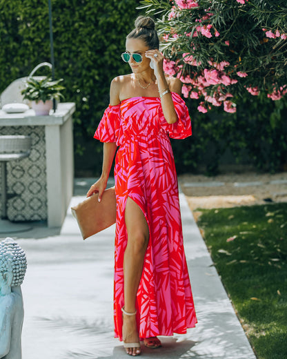 Royal Villa Palm Print Off The Shoulder Maxi Dress