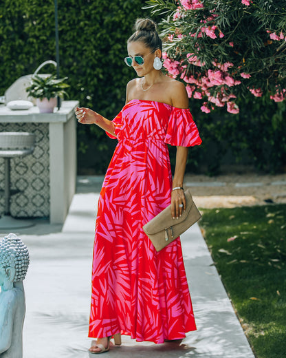 Royal Villa Palm Print Off The Shoulder Maxi Dress