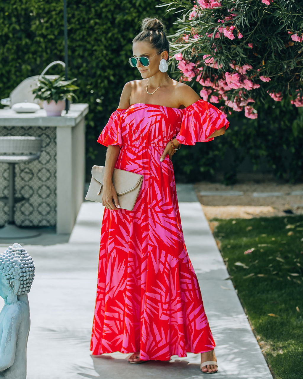 Royal Villa Palm Print Off The Shoulder Maxi Dress