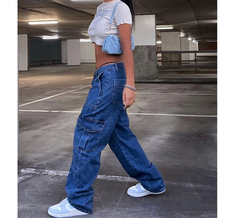 KittenAlarm - Y2k Cargo Pants Women's Jeans New Fashion Baggy Jeans Denim Overalls 90s Low Rise Pocket Straight Leg Trousers Streetwear