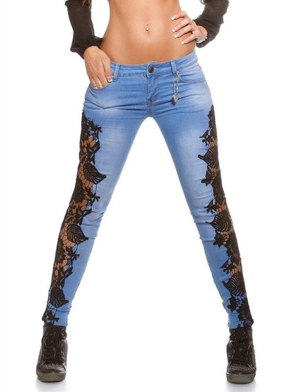 KittenAlarm - Plus Size 3XL Lace Floral Crochet Hollow-Out Jeans Autumn Women Elegant Sexy Denim Pencil