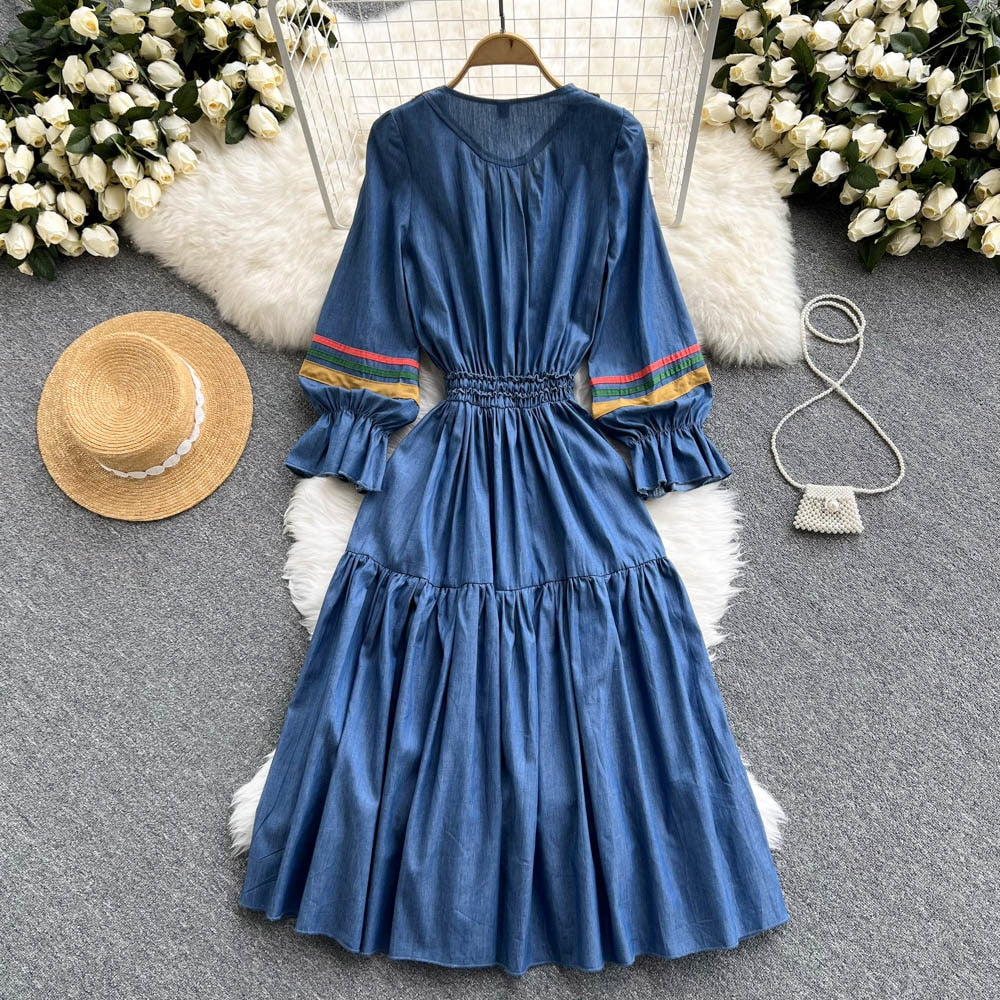 KittenAlarm - Quality Embroidered Denim Dress 2024 Summer Autumn National Korean Pleated A Line Long Sleeve Cowboy Dress Women Jeans Dress