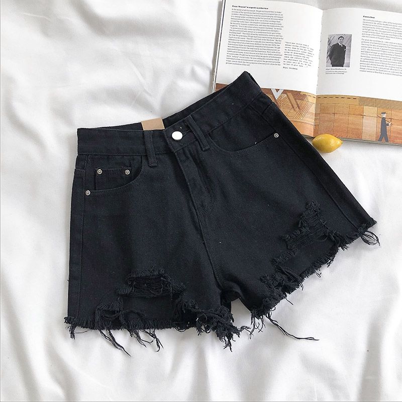 KittenAlarm - Casual High Waist Denim Shorts Women Summer  Pocket Tassel Hole Ripped jeans Short Female Femme Short Pants Women