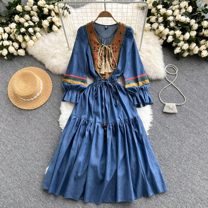 KittenAlarm - Quality Embroidered Denim Dress 2024 Summer Autumn National Korean Pleated A Line Long Sleeve Cowboy Dress Women Jeans Dress