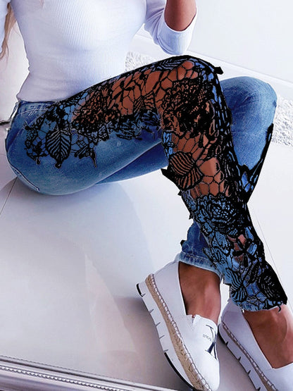 KittenAlarm - Plus Size 3XL Lace Floral Crochet Hollow-Out Jeans Autumn Women Elegant Sexy Denim Pencil