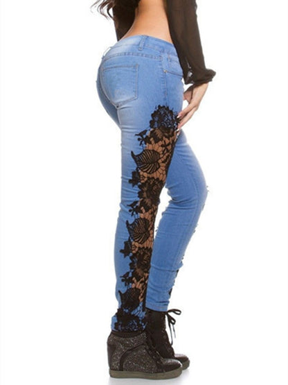 KittenAlarm - Plus Size 3XL Lace Floral Crochet Hollow-Out Jeans Autumn Women Elegant Sexy Denim Pencil