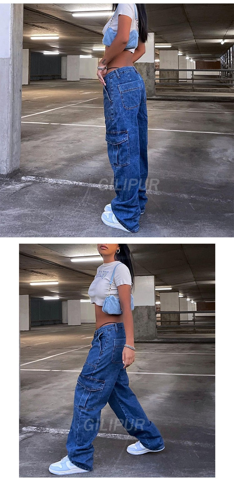 KittenAlarm - Y2k Cargo Pants Women's Jeans New Fashion Baggy Jeans Denim Overalls 90s Low Rise Pocket Straight Leg Trousers Streetwear