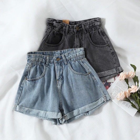 KittenAlarm - New Summer High Waist Denim Shorts Women Casual Loose Ladies Fashion Plus Size Elastic Waist Wide Leg Short Jeans Female