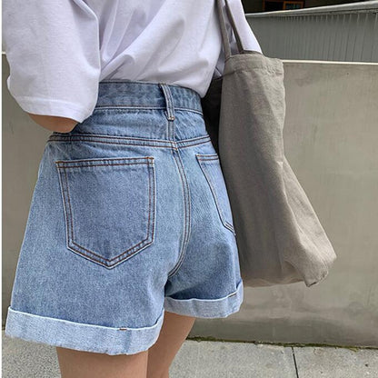 KittenAlarm - New Summer High Waist Denim Shorts Women Casual Loose Ladies Fashion Plus Size Elastic Waist Wide Leg Short Jeans Female