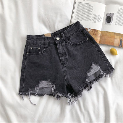 KittenAlarm - Casual High Waist Denim Shorts Women Summer  Pocket Tassel Hole Ripped jeans Short Female Femme Short Pants Women