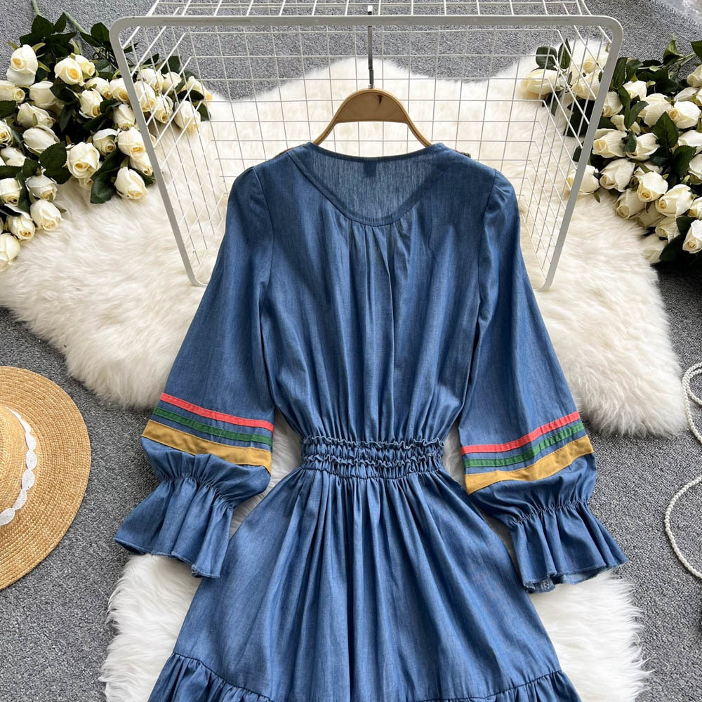 KittenAlarm - Quality Embroidered Denim Dress 2024 Summer Autumn National Korean Pleated A Line Long Sleeve Cowboy Dress Women Jeans Dress