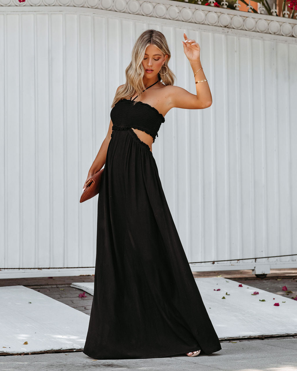 Hit The Beach Smocked Halter Maxi Dress - Black