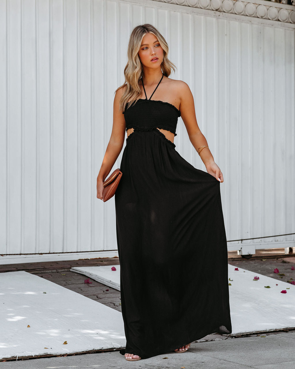 Hit The Beach Smocked Halter Maxi Dress - Black