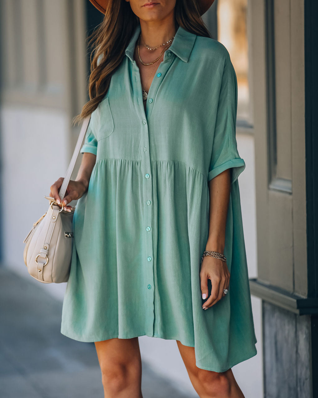 Hails Linen Blend Button Down Shirt Dress - Sage