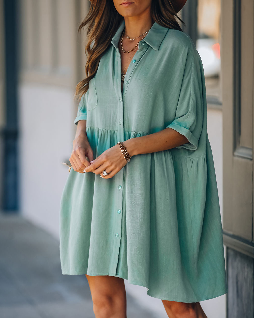 Hails Linen Blend Button Down Shirt Dress - Sage