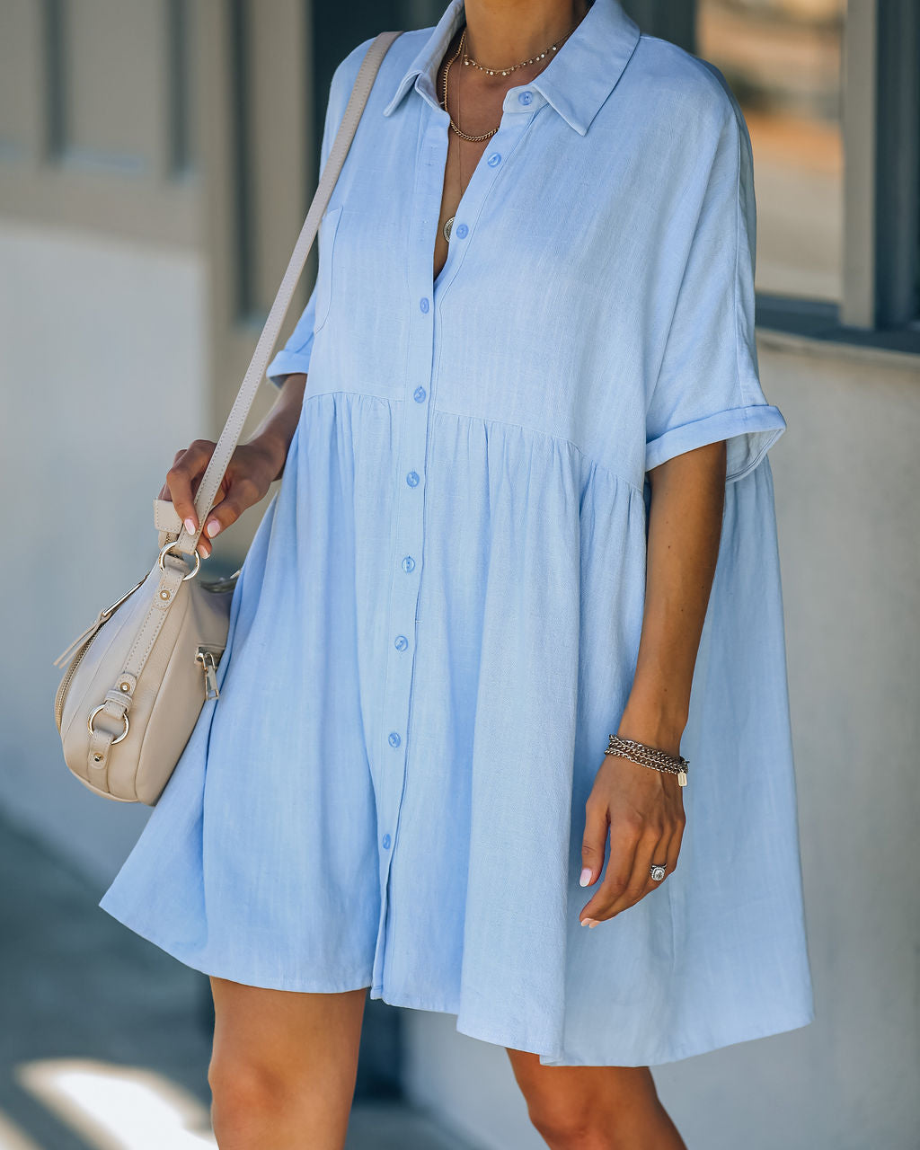 Hails Linen Blend Button Down Shirt Dress - Baby Blue