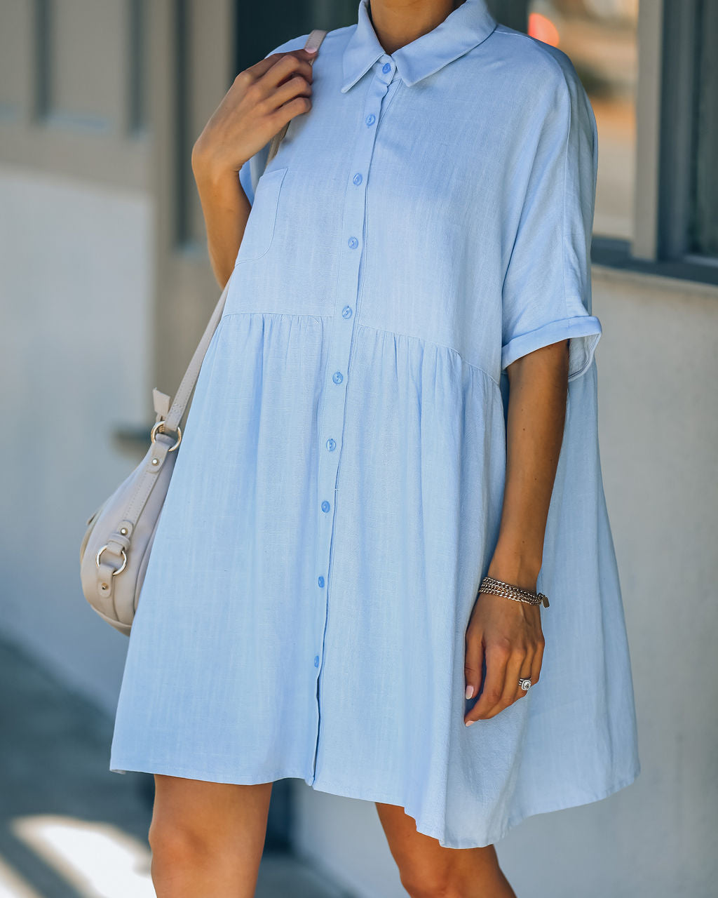 Hails Linen Blend Button Down Shirt Dress - Baby Blue