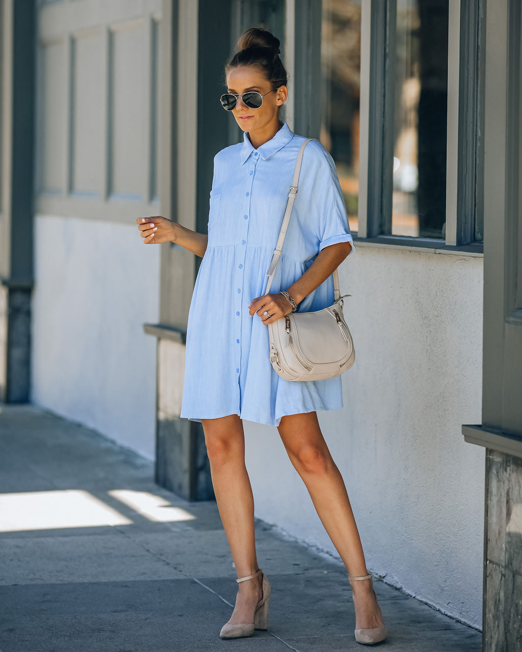 Hails Linen Blend Button Down Shirt Dress - Baby Blue