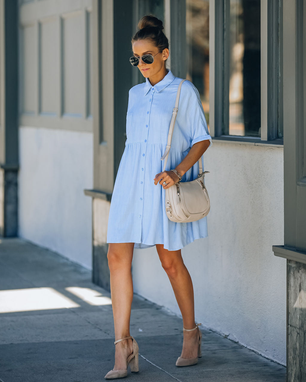 Hails Linen Blend Button Down Shirt Dress - Baby Blue