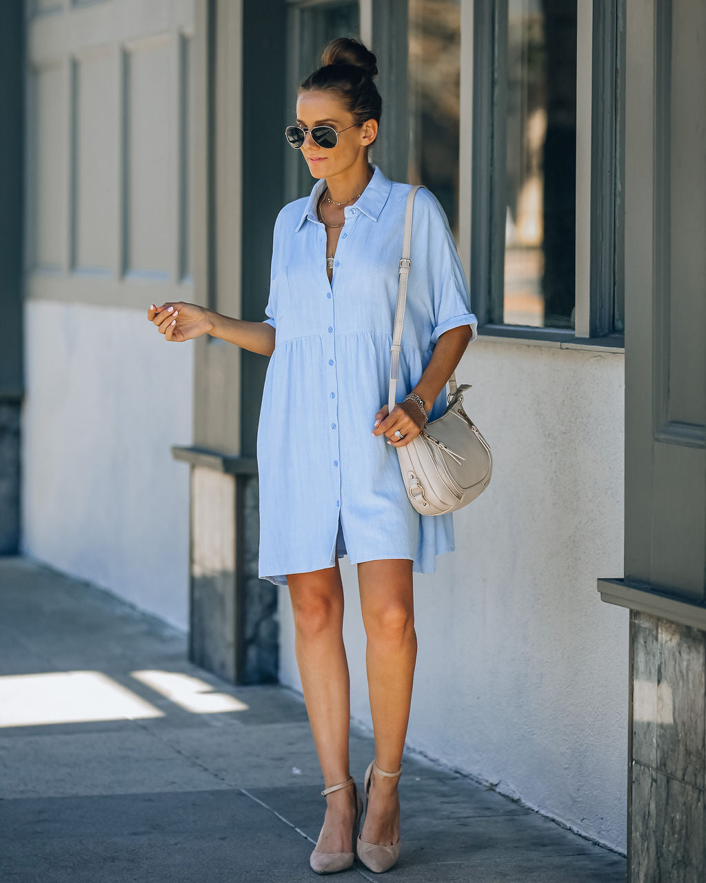 Hails Linen Blend Button Down Shirt Dress - Baby Blue